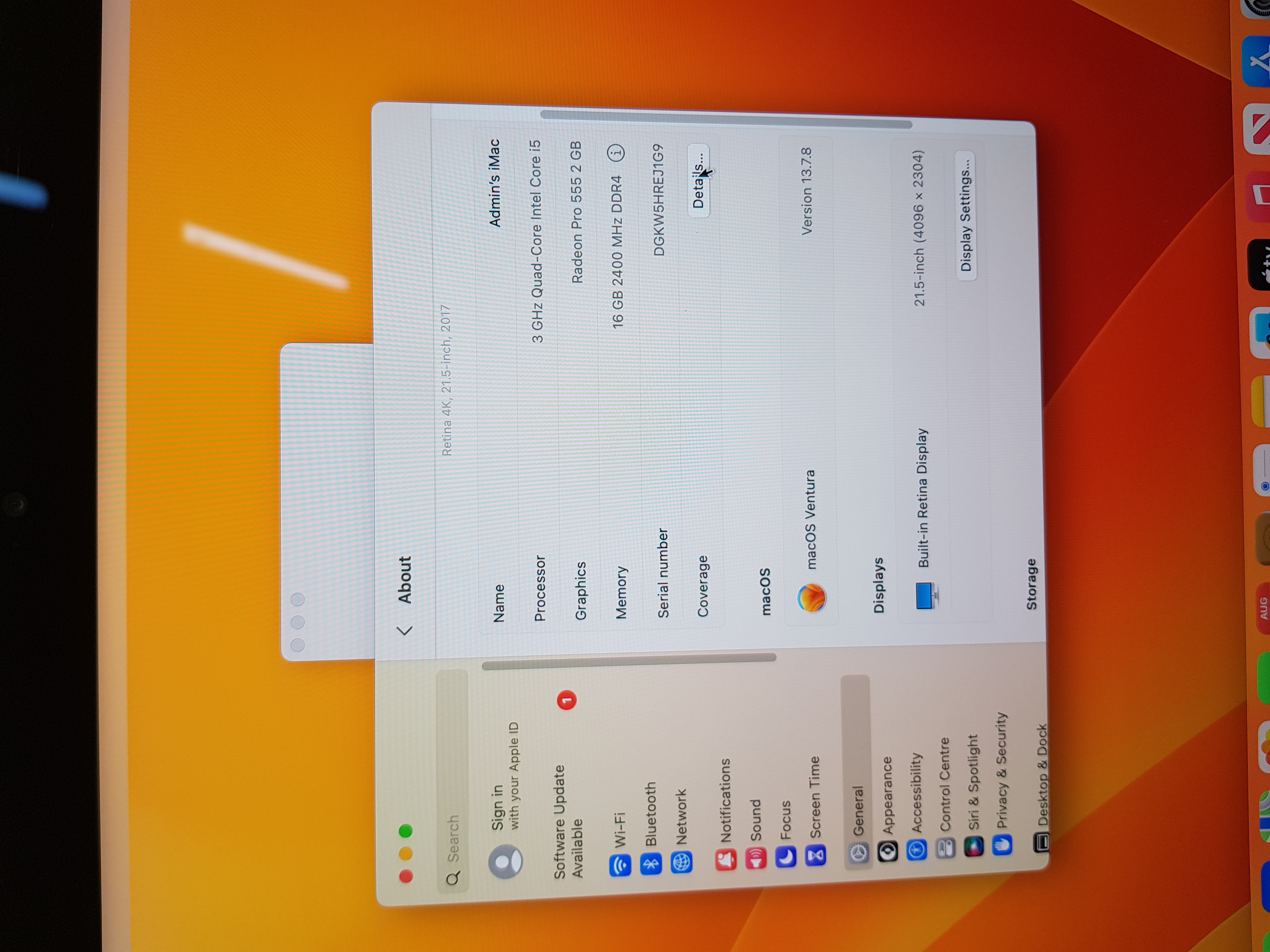 Apple iMac, intel core i5 processor, 16GB RAM, 256GB SSD, Retina 4K, 2GB graphics
